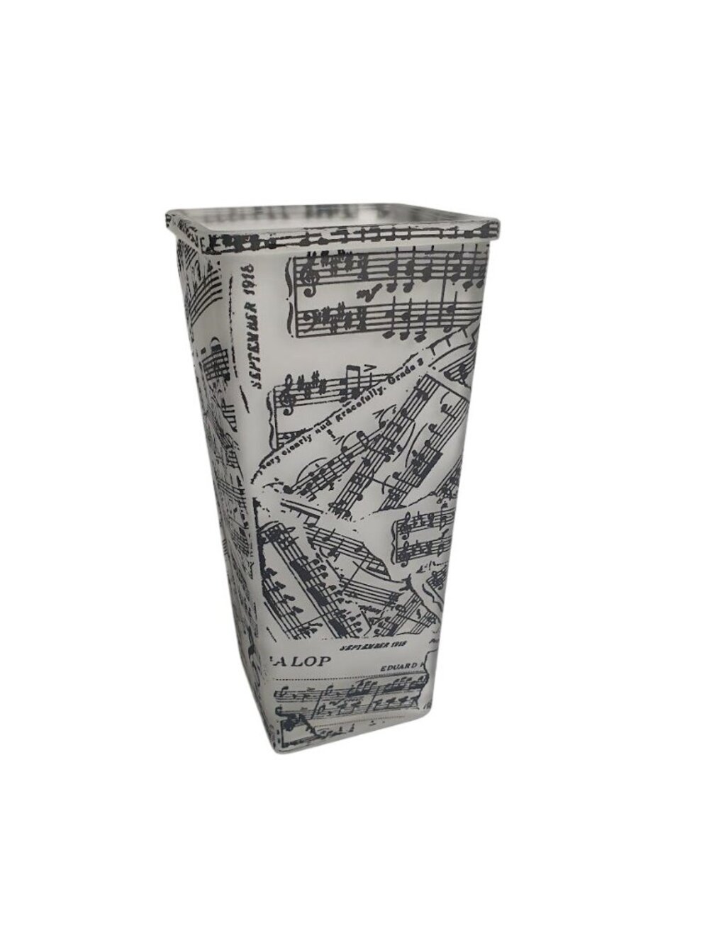 Vintage Sheet Music Pattern Square Vase Frosted Glass Home Decor 9 Inches Tall